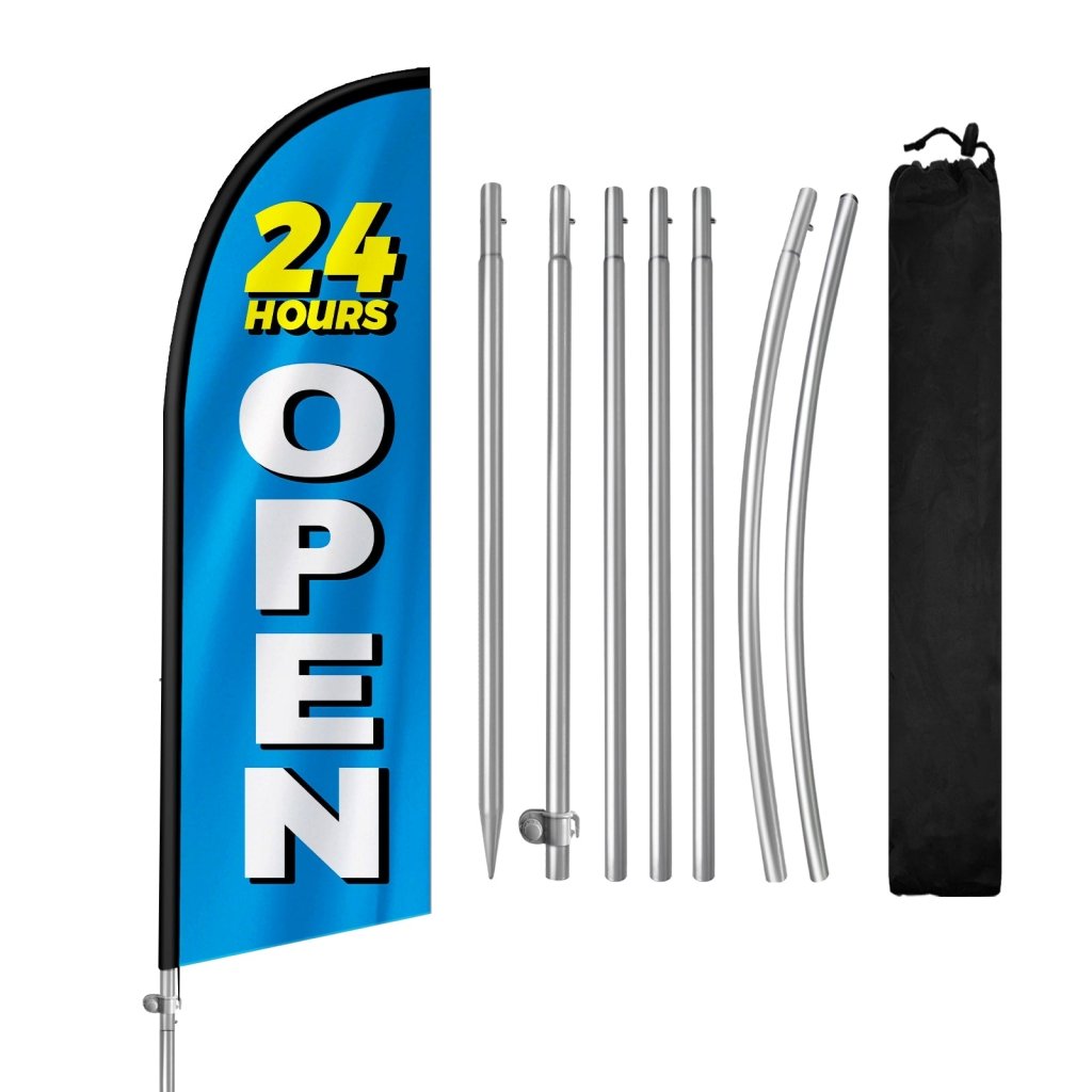 Open 24 Hours Sign - 8FT Open 24 Hours Blue Banner Feather Flag with Stainless Steel Pole Kit(2m flag set)