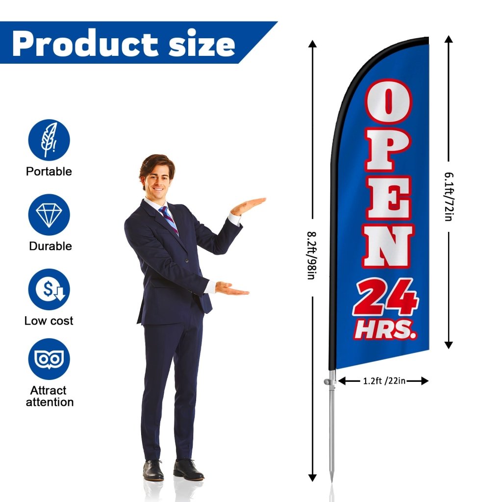 Open 24 Hours Sign - 8FT Open 24 Hours Blue Banner Feather Flag with Stainless Steel Pole Kit(2m flag set)