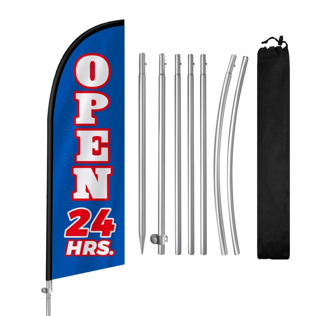 Open 24 Hours Sign - 8FT Open 24 Hours Blue Banner Feather Flag with Stainless Steel Pole Kit(2m flag set)