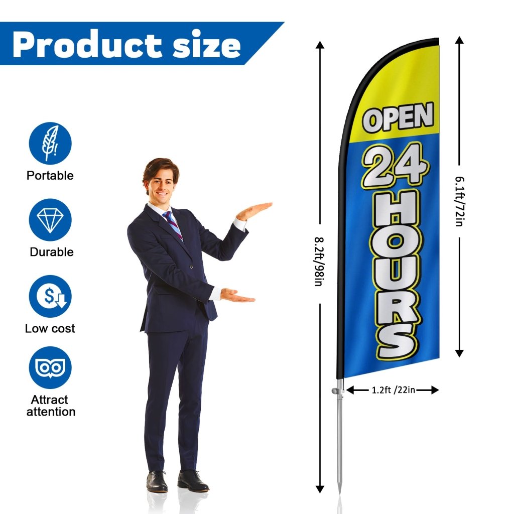 Open 24 Hours Sign - 8FT Open 24 Hours Blue Banner Feather Flag with Stainless Steel Pole Kit(2m flag set)