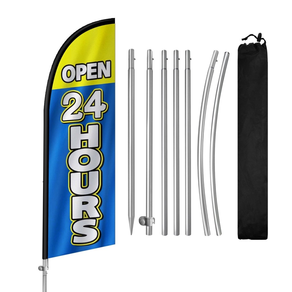 Open 24 Hours Sign - 8FT Open 24 Hours Blue Banner Feather Flag with Stainless Steel Pole Kit(2m flag set)