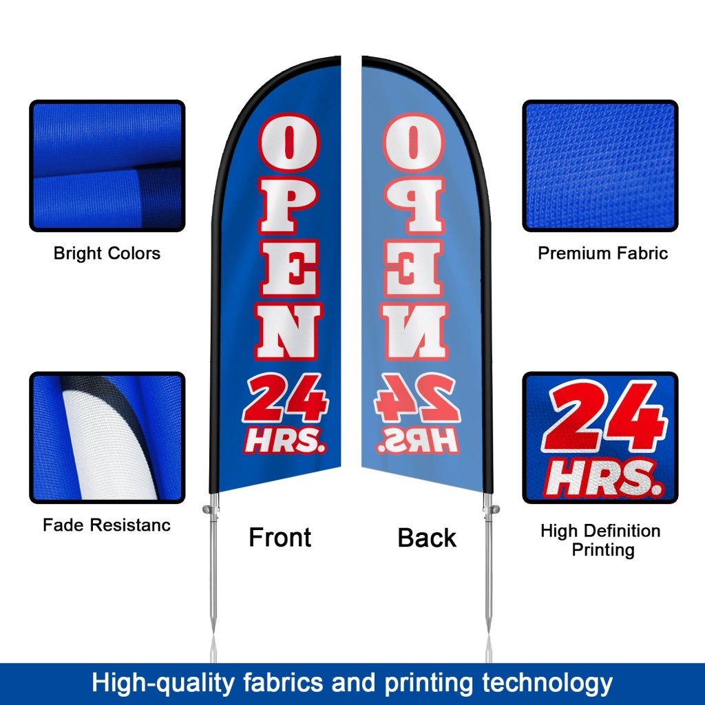 Open 24 Hours Sign - 8FT Open 24 Hours Blue Banner Feather Flag with Stainless Steel Pole Kit(2m flag set)