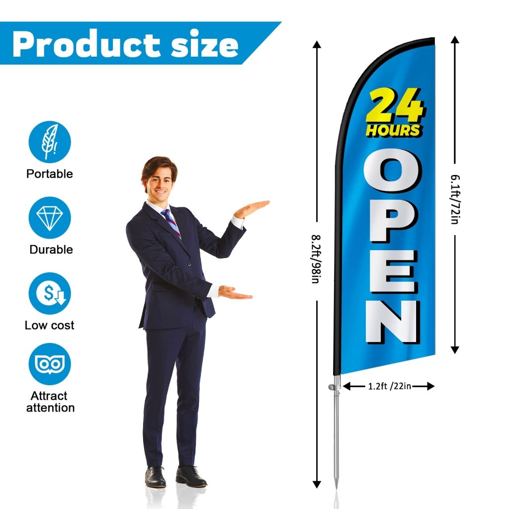 Open 24 Hours Sign - 8FT Open 24 Hours Blue Banner Feather Flag with Stainless Steel Pole Kit(2m flag set)