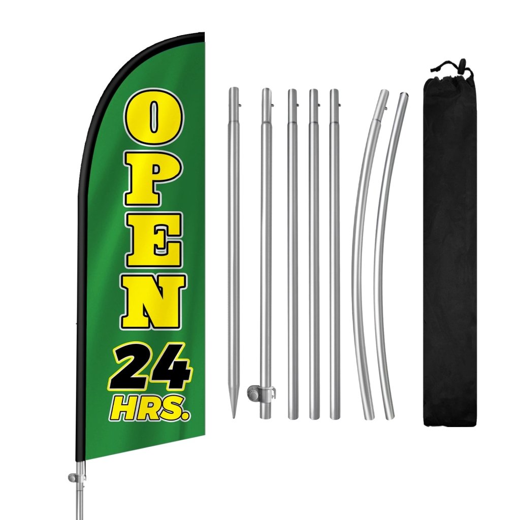 Open 24 Hours Sign - 8FT Open 24 Hours Green Banner Feather Flag with Stainless Steel Pole Kit(2m flag set)