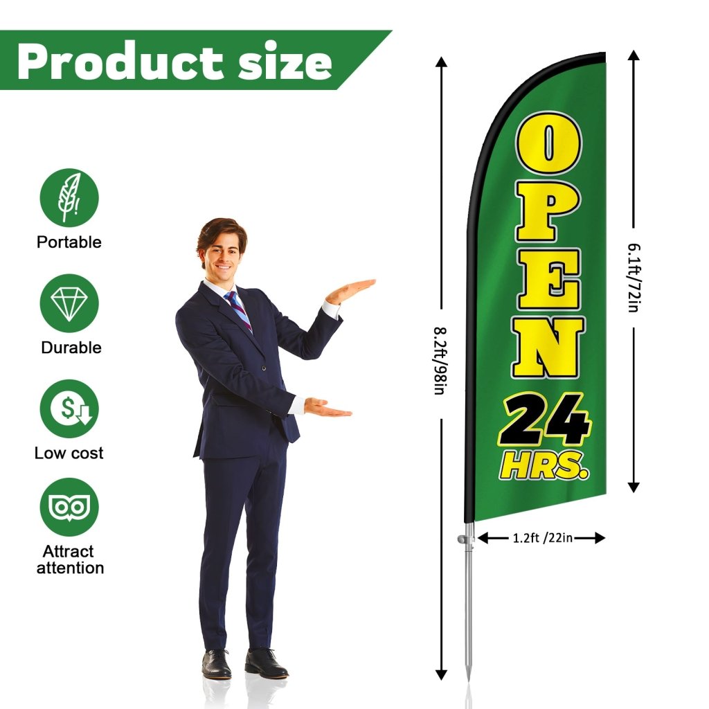 Open 24 Hours Sign - 8FT Open 24 Hours Green Banner Feather Flag with Stainless Steel Pole Kit(2m flag set)