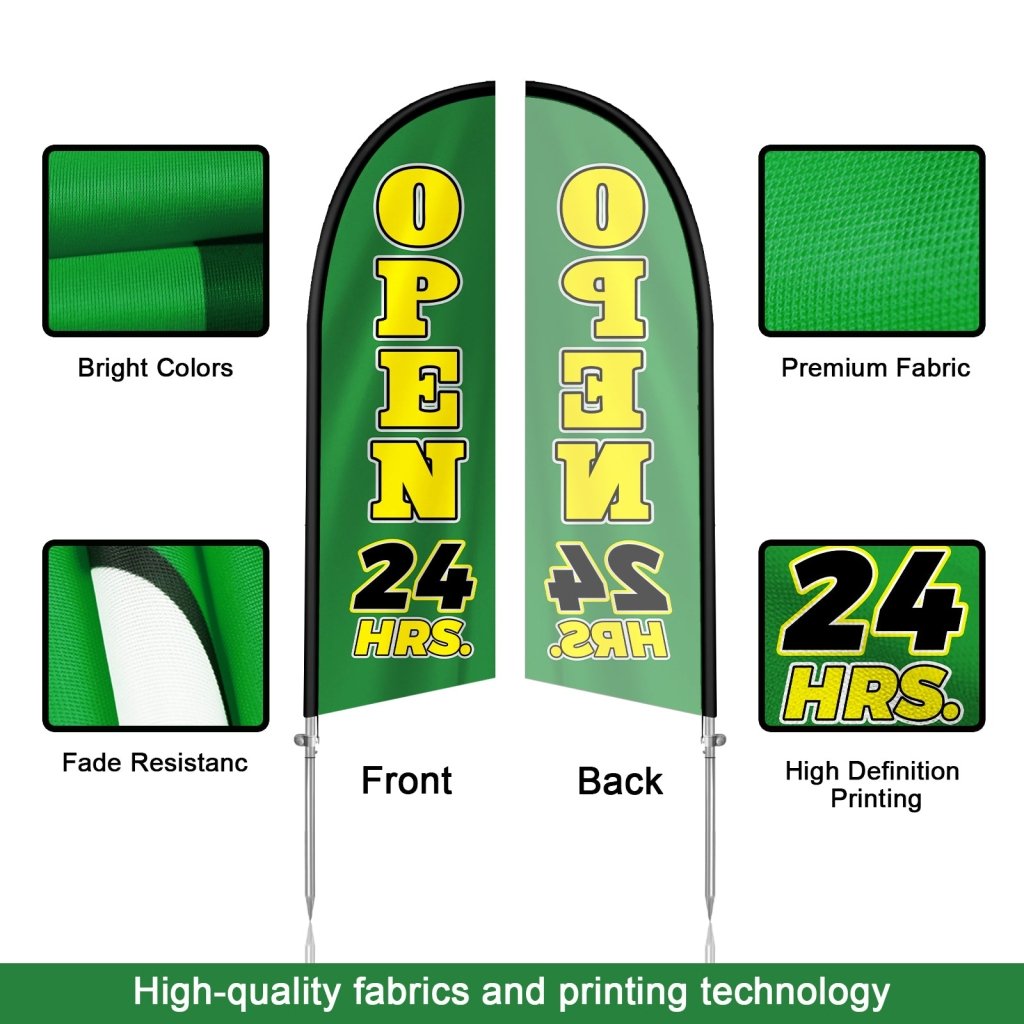 Open 24 Hours Sign - 8FT Open 24 Hours Green Banner Feather Flag with Stainless Steel Pole Kit(2m flag set)