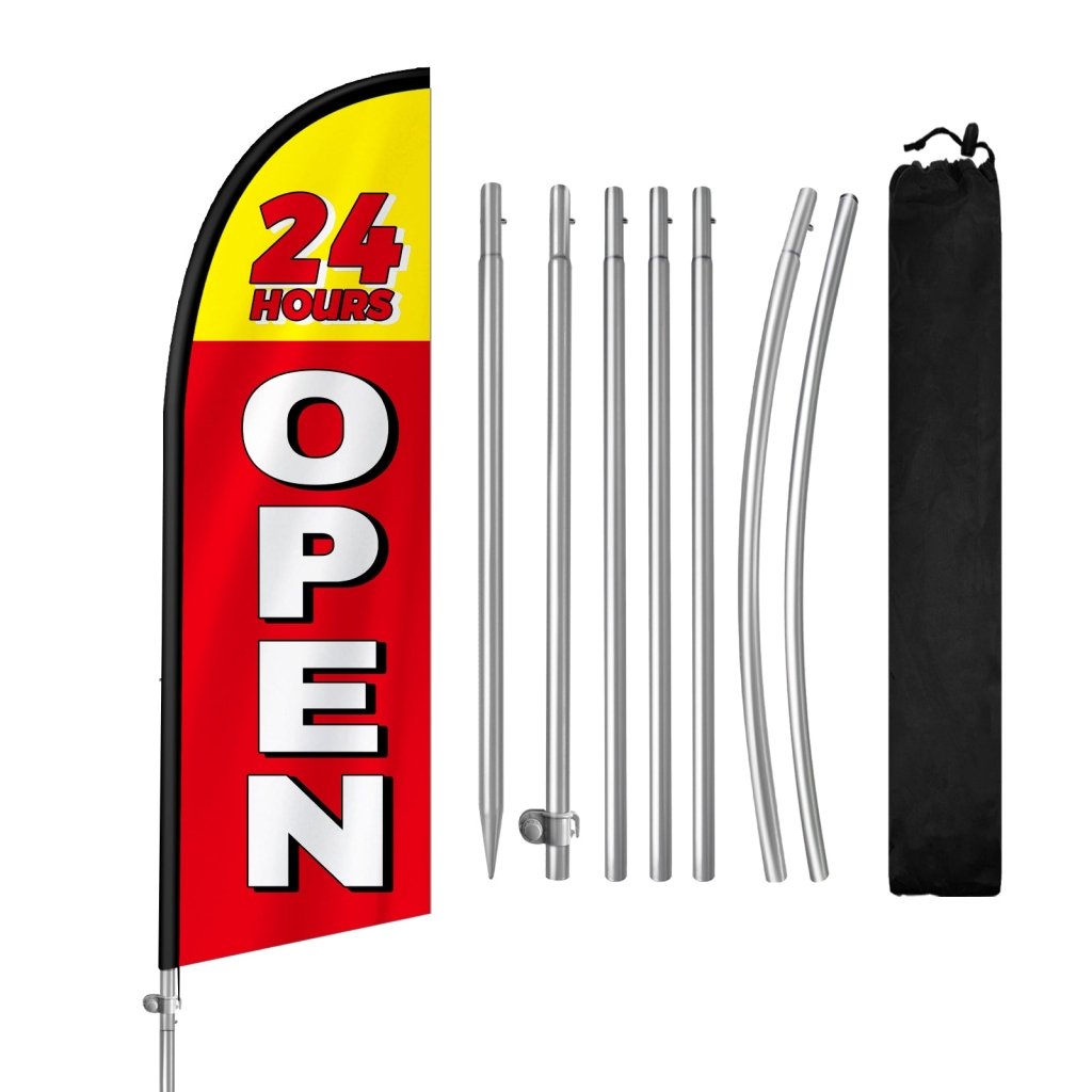 Open 24 Hours Sign - 8FT Open 24 Hours Red Banner Feather Flag with Stainless Steel Pole Kit(2m flag set)