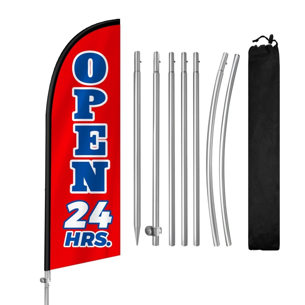 Open 24 Hours Sign - 8FT Open 24 Hours Red Banner Feather Flag with Stainless Steel Pole Kit(2m flag set)