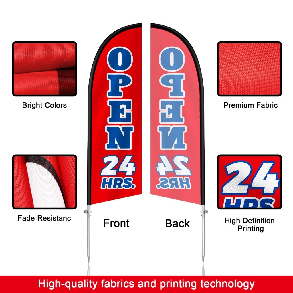 Open 24 Hours Sign - 8FT Open 24 Hours Red Banner Feather Flag with Stainless Steel Pole Kit(2m flag set)