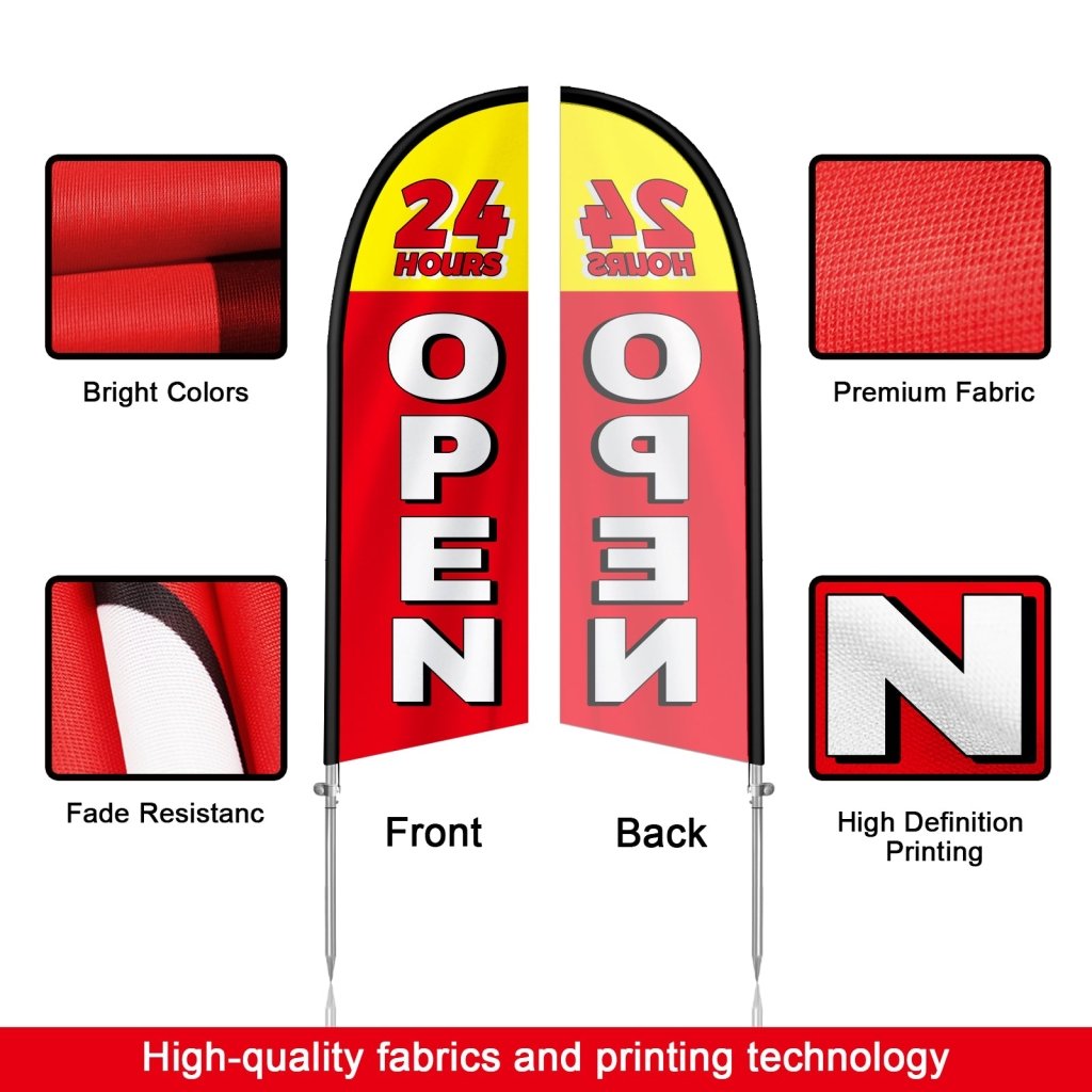 Open 24 Hours Sign - 8FT Open 24 Hours Red Banner Feather Flag with Stainless Steel Pole Kit(2m flag set)