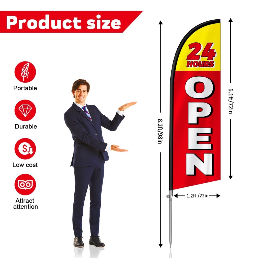 Open 24 Hours Sign - 8FT Open 24 Hours Red Banner Feather Flag with Stainless Steel Pole Kit(2m flag set)