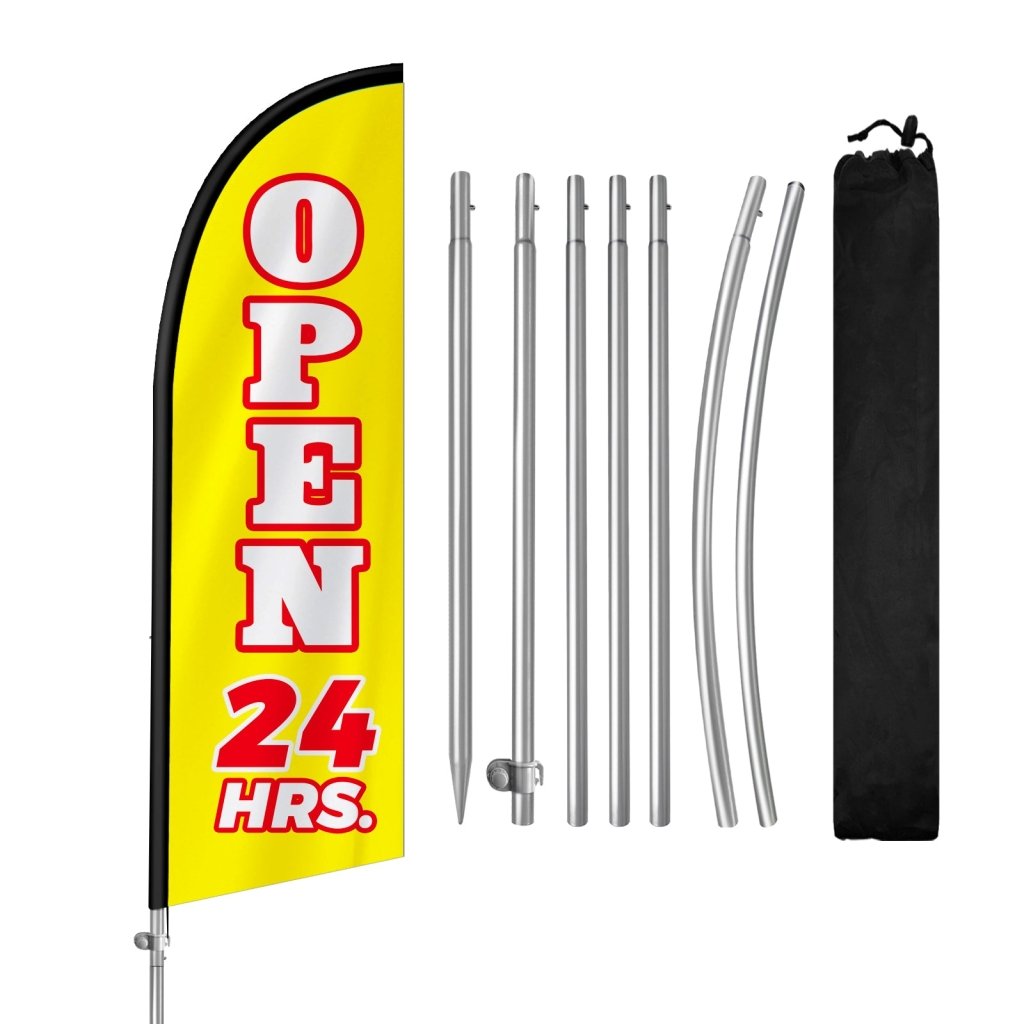 Open 24 Hours Sign - 8FT Open 24 Hours Yellow Banner Feather Flag with Stainless Steel Pole Kit(2m flag set)