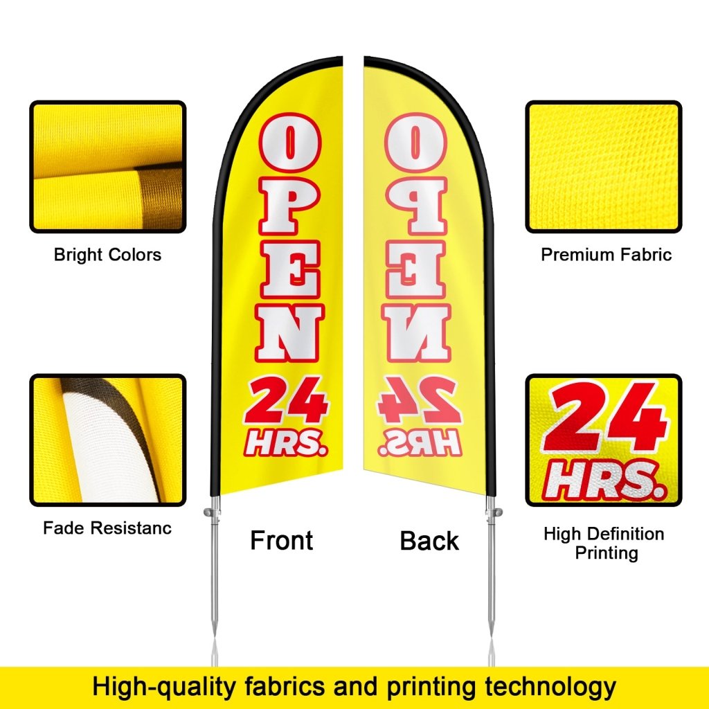 Open 24 Hours Sign - 8FT Open 24 Hours Yellow Banner Feather Flag with Stainless Steel Pole Kit(2m flag set)