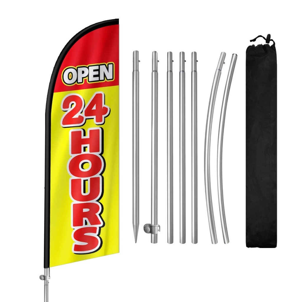 Open 24 Hours Sign - 8FT Open 24 Hours Yellow Banner Feather Flag with Stainless Steel Pole Kit(2m flag set)