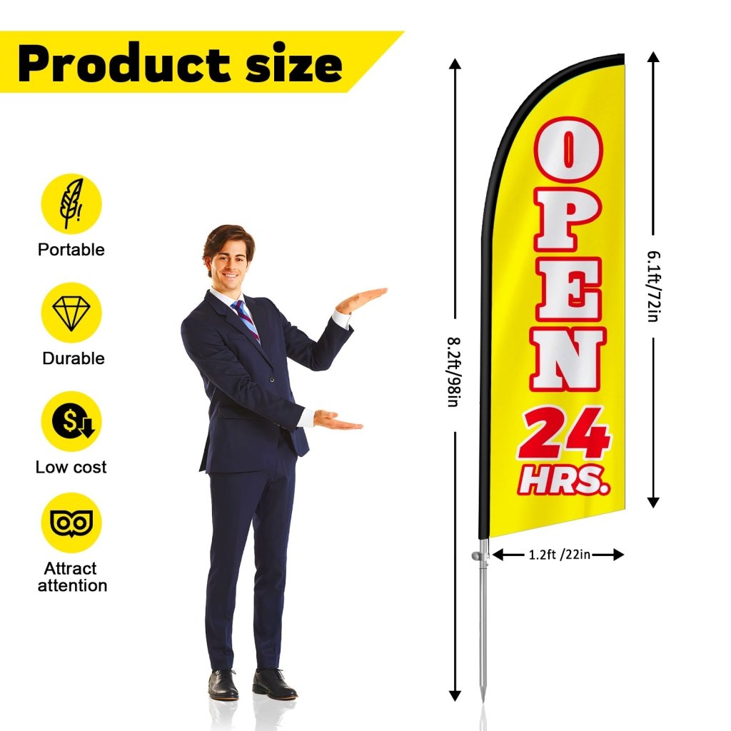 Open 24 Hours Sign - 8FT Open 24 Hours Yellow Banner Feather Flag with Stainless Steel Pole Kit(2m flag set)