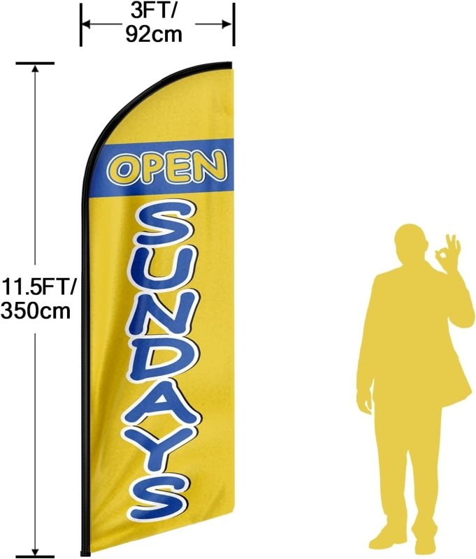 Open Flag Sign - 11FT Open Sundays Advertising Swooper Feather Flag Fit 15FT Flagpole(Flagpole Not Included 4.3)