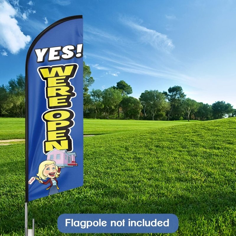 Open Sign for Business - 8FT We Are Open Blue Advertising Swooper Flag (Flagpole Not Included 3.4)