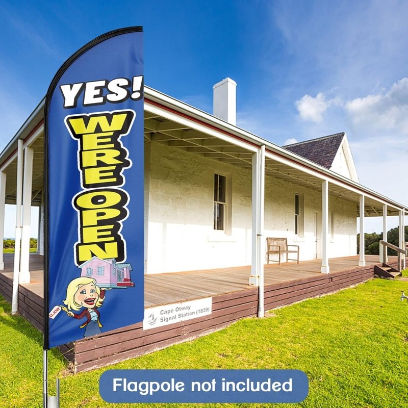 Open Sign for Business - 8FT We Are Open Blue Advertising Swooper Flag (Flagpole Not Included 3.4)