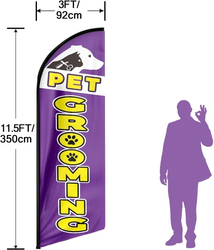 Pet Grooming Sign - 11FT Pet Grooming Advertising Swooper Feather Flag Fit 15FT Flagpole(Flagpole Not Included 4.3)