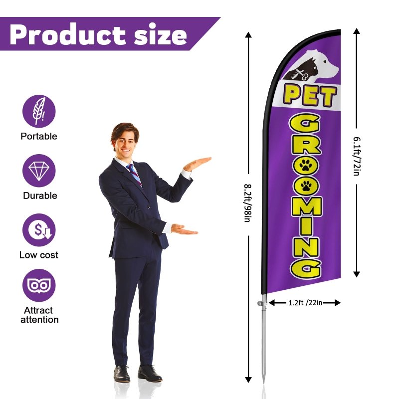 Pet Grooming Signs - 8FT Pet Grooming Banner Feather Flag with Stainless Steel Pole Kit(2m flag set)