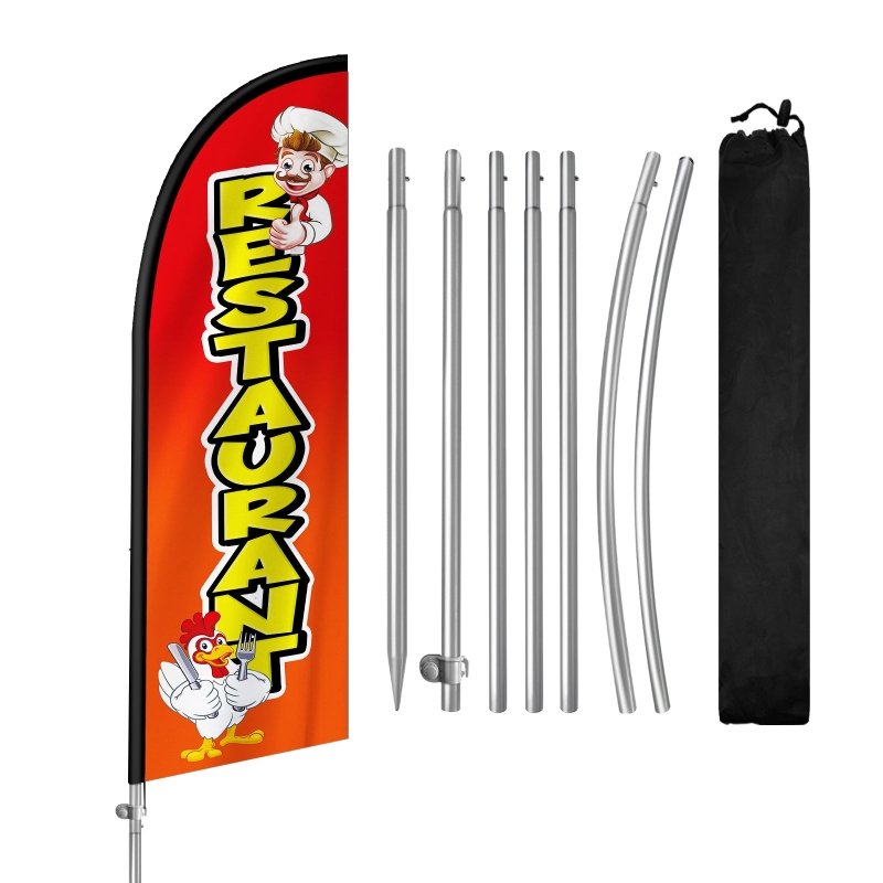 Restaurant Flag - 8FT Restaurant Orange Feather Flag with Stainless Steel Pole Kit(2m flag set)