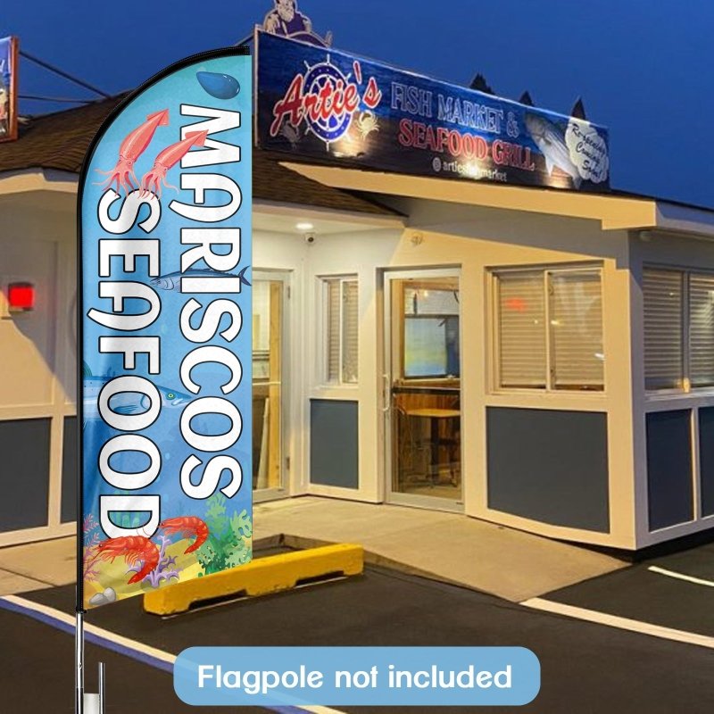 Seafood Sign - 8FT Mariscos Seafood Advertising Swooper Flag (Flagpole Not Included 3.4)