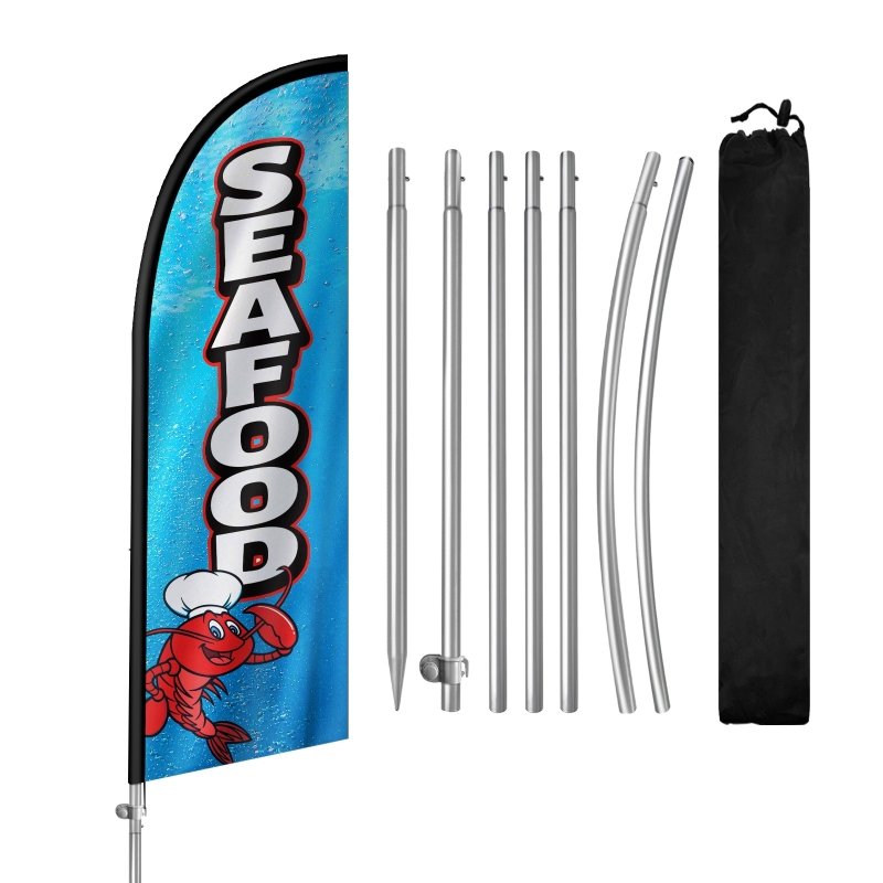 Seafood Sign - 8FT Mariscos Seafood Banner Feather Flag with Stainless Steel Pole Kit(2m flag set)