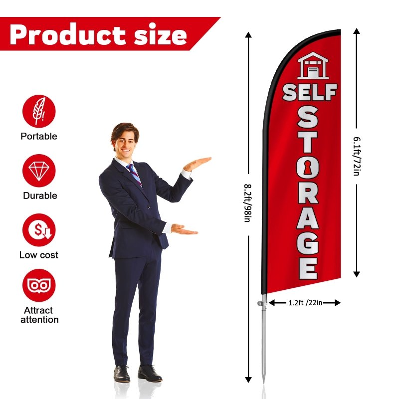 Self Storage Signs - 8FT Self Storage Red Feather Flag with Stainless Steel Pole Kit(2m flag set)