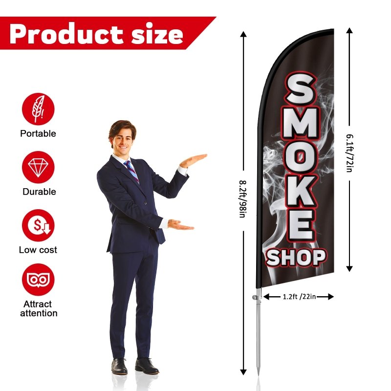 Smoke Shop sign - 8FT Smoke Shop Banner Feather Flag with Stainless Steel Pole Kit(2m flag set)