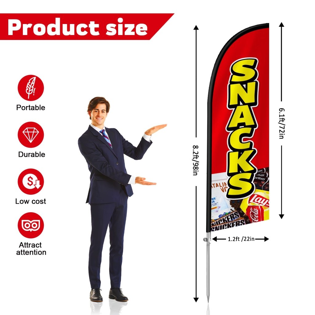 Snack Bar Sign - 8FT Snacks Banner Feather Flag with Stainless Steel Pole Kit(2m flag set)