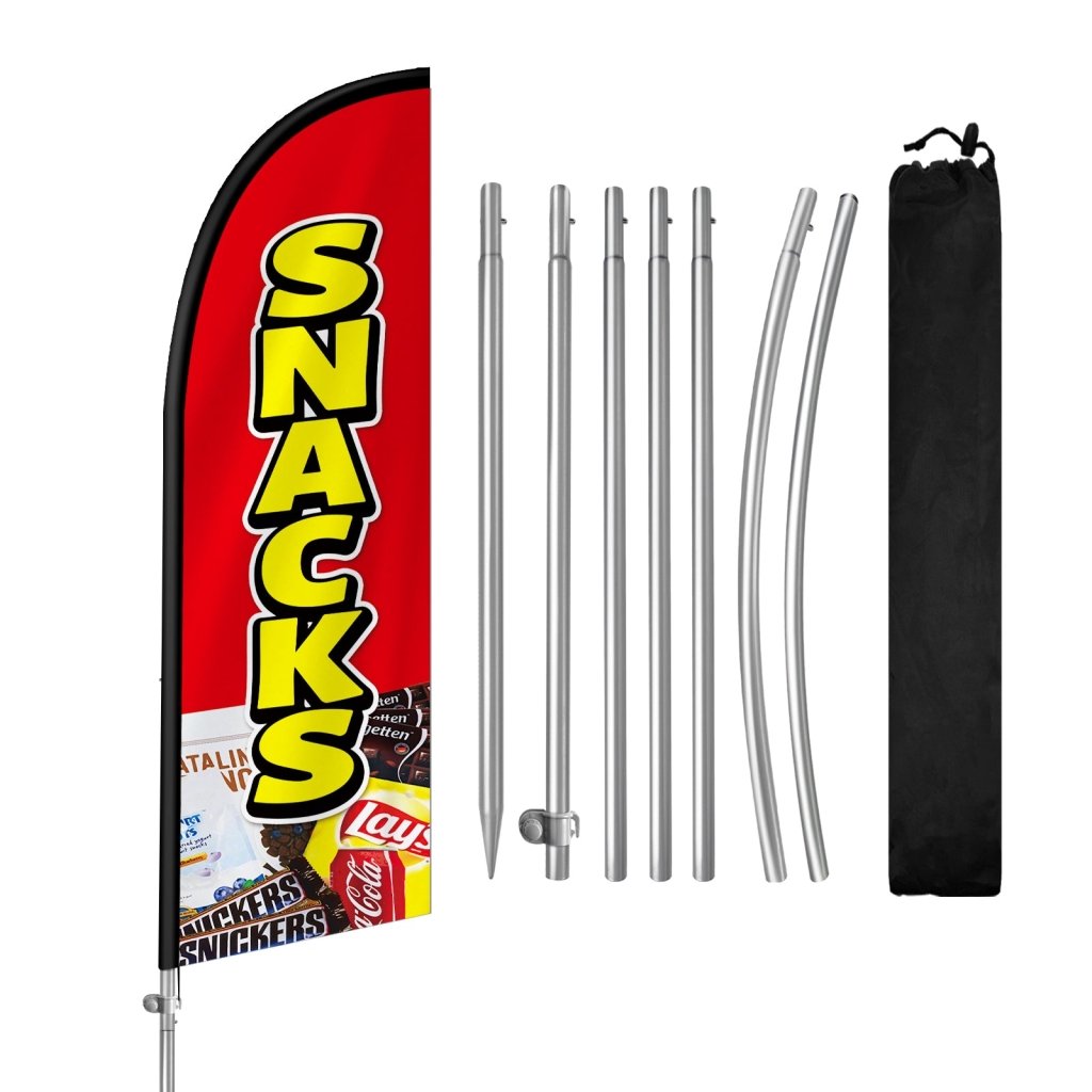 Snack Bar Sign - 8FT Snacks Banner Feather Flag with Stainless Steel Pole Kit(2m flag set)