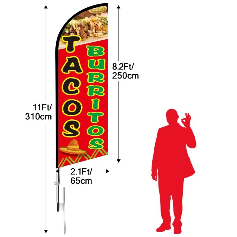 Tacos Flag - 11FT Windless Tacos Burritos Feather Flag with Flagpole/ Ground Stake/Portable Bag(3.4m)