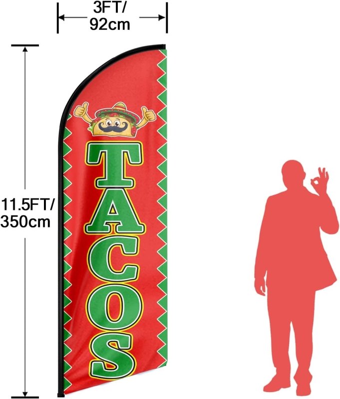 Tacos Sign - 11FT Tacos Advertising Swooper Feather Flag Fit 15FT Flagpole(Flagpole Not Included 4.3)