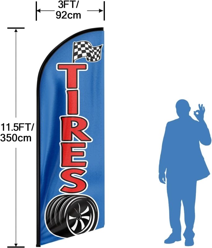 Tire Shop Flags - 11FT Tires Advertising Swooper Flag Fit 15FT Flagpole (Flagpole Not Included 4.3)