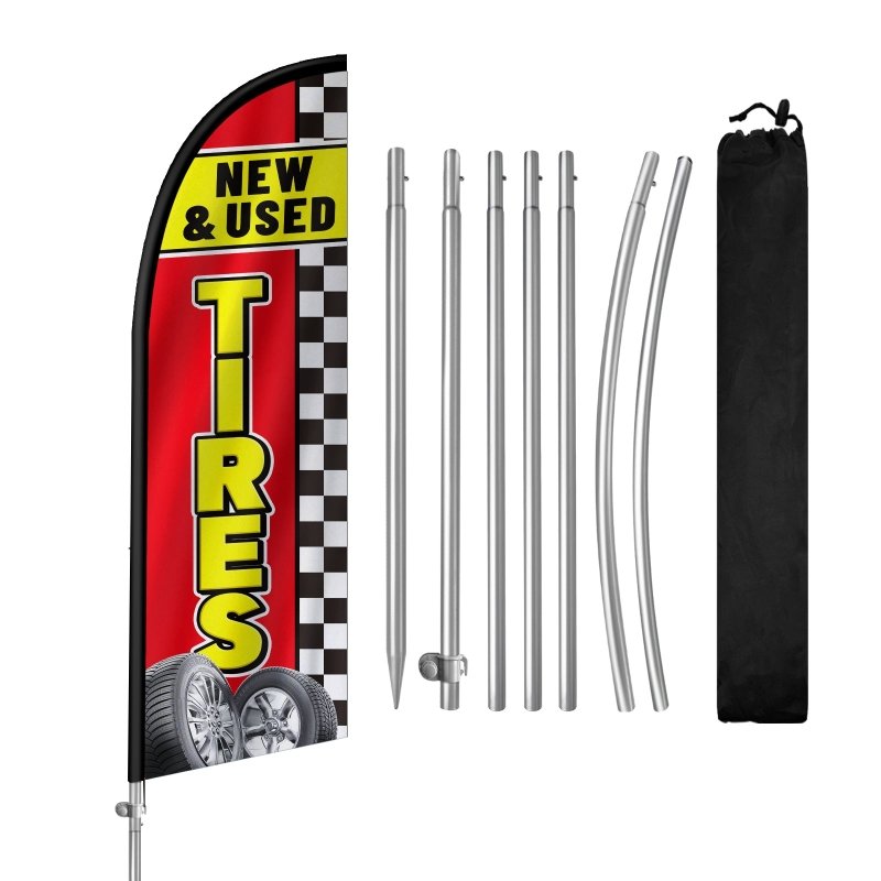 Tire Shop Flags - 8FT New & Used Tires Banner Feather Flag with Stainless Steel Pole Kit(2m flag set)