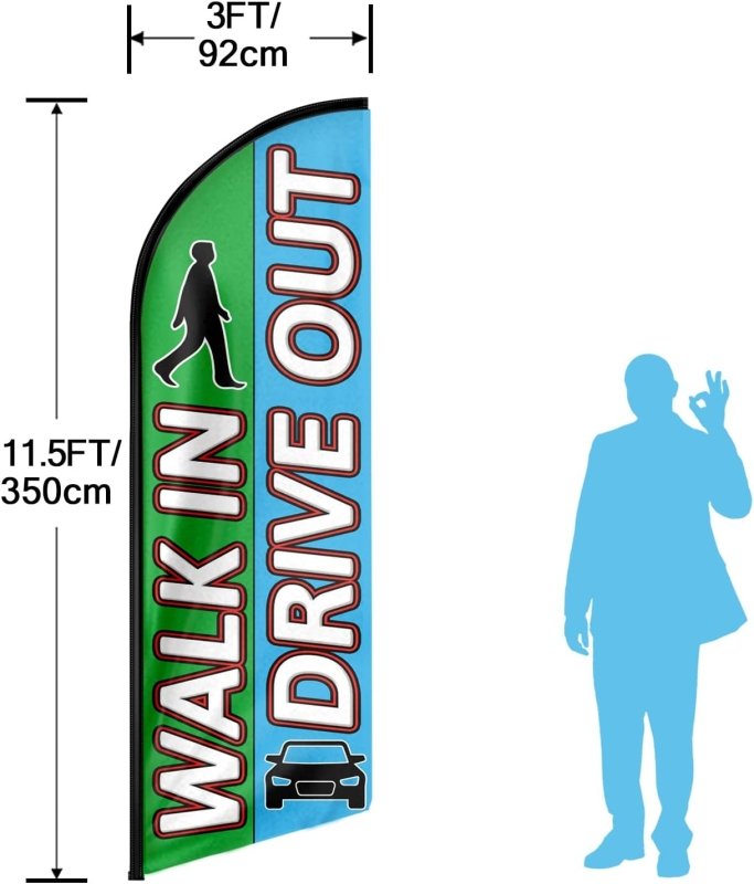 Walk In Drive Out Themed Feather Flag, 11FT Walk In Drive Out Advertising Swooper Flag Fit 15FT Flagpole(Flagpole Not Included 4.3)