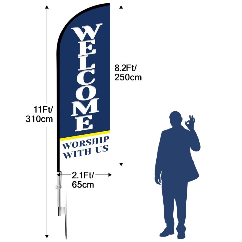 Welcome Flag - 11FT Windless Welcome Feather Flag with Flagpole/Ground Stake/Portable Bag(3.4m)