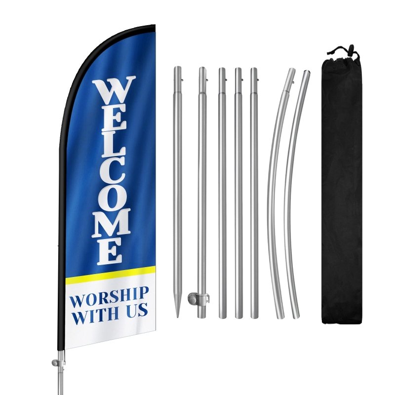 Welcome Sign - 8FT Welcome Blue Banner Feather Flag with Stainless Steel Pole Kit(2m flag set)