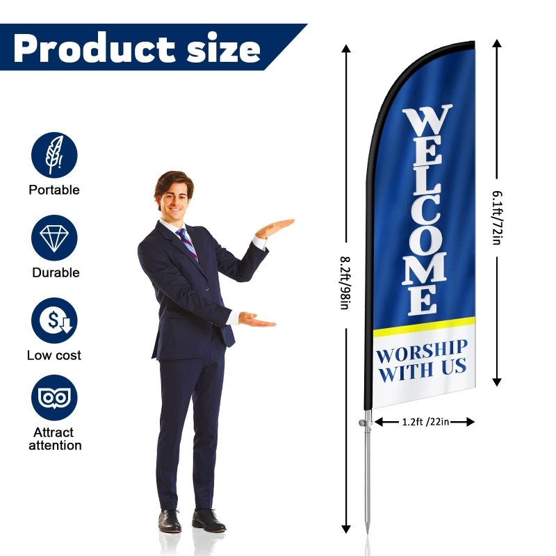 Welcome Sign - 8FT Welcome Blue Banner Feather Flag with Stainless Steel Pole Kit(2m flag set)